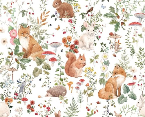 ReWallpaper Tropical Animal Wallpaper White Green Leaf Sticky Back Plastic Kids Mushroom Peel And Stick Wallpaper Patterned Foxes Squirrels Rabbit Contact Paper for Furniture Cabinets 44.5CMx3M