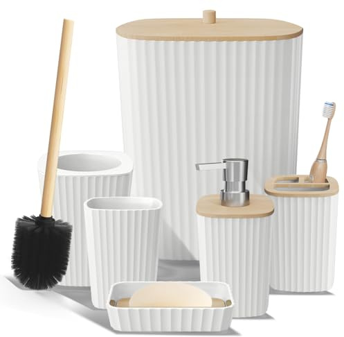 Clara Clark Bathroom Set - White Bathroom Accessories Set, 6PC Bathroom Accessory Set, Bathroom Sets with Toilet Brush, Trash Can & Soap Dispenser