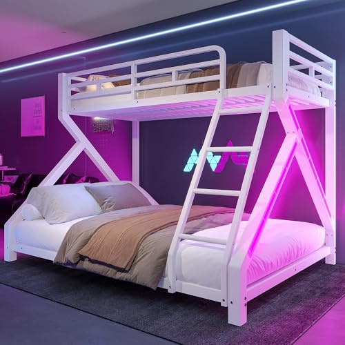 Sapgaks Lit superposé Enfant avec LED 90x200 +140x200cm,lit Mezzanine 2 Places lit superposé 2 Places de bébé avec Barre Lumineuse,lit Double Enfant,échelle de sécurité (Blanc-90 * 200+140 * 200)