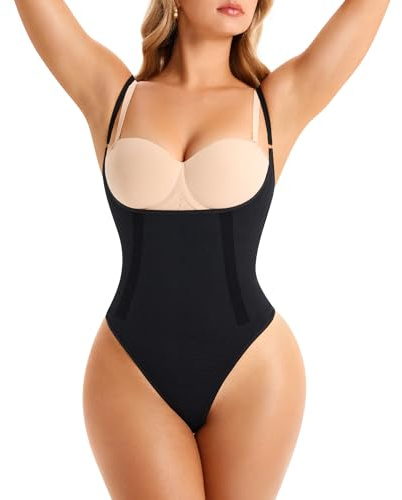 Nebility Shapewear for Women Bodysuit Tummy Control Body Shaper Open Bust Slim Belly Seamless Thong Body Suits (Black, Medium)
