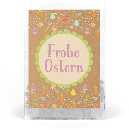 Glad påsk sammetspåse set om 10 – blomfrön gästgåva till påsk med färgglad påskdesign – fröpresent till påskfest, gäster eller kunder – Logbuch-Verlag