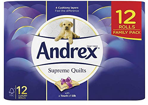 Andrex Supreme Quilts Toilet Roll - 12 Rolls, 4-Ply, Unscented, 160 Sheets Per Roll, Sustainably Sourced and FSC Certified, 12 Count (Pack of 1), Toilet Paper