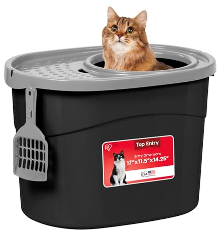 IRIS USA Cat Litter Box Large Top Entry with Lid Enclosed Covered Hooded Design Litter Catching Scatter Shield Pan Dog Proof Pet Proof Scoop Included Odor Control for Indoor Cats Kittens Black/Gray