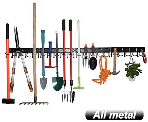 YueTong Garden Tool Organizer Wall Mount, 4 Pack 17-Inch All-Metal Garage Tool Racks with Adjustable Rubber-Coated Hooks for Rakes, Shovels, Brooms and Mops