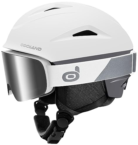 Odoland Casco da Sci Colorato con Occhiali da Sci, Unisex Casco Sportivo Invernali con Maschera da Sci con 10 fori di Ventilazione, Fodera Rimovibile, per Adulti e Giovani, Bianco, M