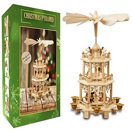 German Christmas Decoration Pyramid 18 Inches Nativity Scene. Holiday Nativity Carousel.6 Candle Holders. German Design
