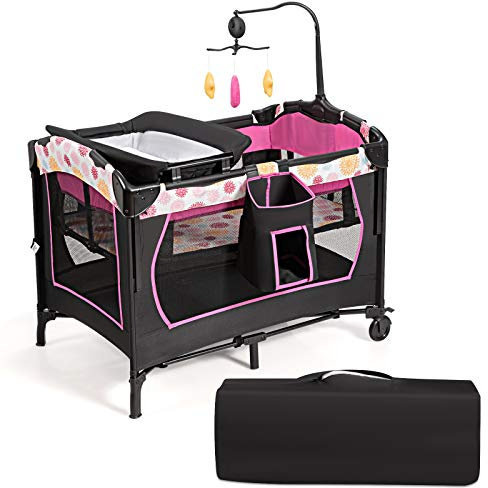 COSTWAY 3 in 1 Lettino da Campeggio per Bambini, Culla per Neonati con Materasso Pieghevole, Fasciatoio, Giocattoli e Ruote, Box per Bambini 0-36 Mesi, 107 x 72 x 119 cm (Rosa)