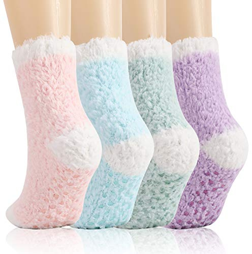 QKURT Lot de 4 paires de chaussettes moelleuses, antidérapantes, confortables et thermiques pour l'hiver et la nuit pour femmes et filles, Multicolore, Taille Unique