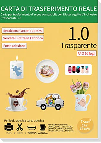TransOurDream 10 Fogli Trasparenti A4 per Stampante a Getto d'inchiostro, per la creazione di Decalcomanie ad Acqua Fai-da-Te per Candele, Nail Art, Tazze (I-6-10)