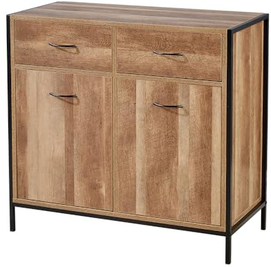 Home Source Compact Sideboard, 2 Cupboard Storage Unit, 2 Drawers, Weathered Oak Effect