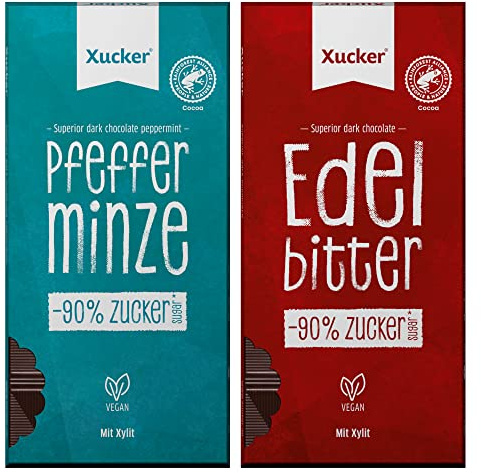 Xucker Schokolade mit Xylit Vegan Mix - No Added Sugar I vegane Schokolade I 2er Set I Edelbitter & Edelbitter-Pfefferminz (2x80g)