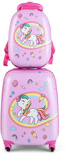 COSTWAY Valise Enfants à roulettes 16’’ & Sac à Dos 12’’ avec Poignée Télescopique, Bagage Enfants avec Motif Voiture d'avion, 4 Roues Rotatives, Lot de 2 Valise pour Fille Garçon(Licorne)