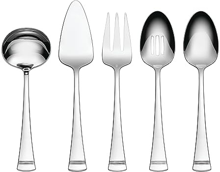 Lenox Silverware Serving Utensils Sets, Portola 5-Piece Hostess Set, Flatware Set, 18/10 Stainless Steel, Serving Spoons Fork Ladel & Pie Server, Mirror Finish Dishwasher Safe (Silver 5 Piece)