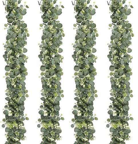SOMYTING 4Packs 5.7FT Eucalyptus Garland Faux Silver Dollar Eucalyptus Leaves Greenery Artificial Garland Artificial Faux Greenery Vines for Wedding Party Arch Table Runner Room Home Mantle Decor