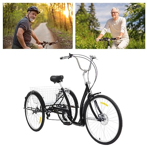 Vävda trehjuling vuxna, 26 tum högkolstål 3-hjuls cykel, trehjuling med kundvagn, halkskydd och slitstarka hjul, justerbar design, belastning 120 kg/264,55 pund (svart)