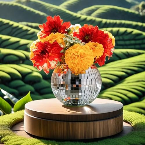 Qiumyanlod Vase boule disco pour fleurs, vase en verre argenté avec miroir personnalisé, cadeau pour grand-mère, femme, cadeau pour anniversaire, mariage, Noël, 10,2 x 12,7 cm