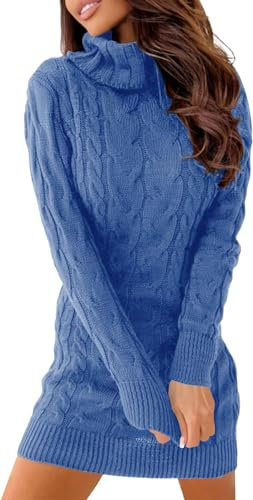 Ebifin - Vestido de punto con cuello alto para mujer, elegante, suéter de punto, jumper, vestido de invierno, suéter elástico., azul, S