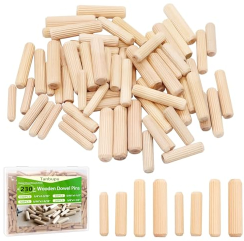 Tanbupu 230Pcs Wooden Dowels Assorted M6 M8 M10 Fluted Wood Dowels Rods Grooved Plugs Hard Wood Crafts Dowel Pegs Woodwork Pin for Crafts, Furniture, DIY Manual,Carpentry (3/8 + 5/16 + 1/4in)