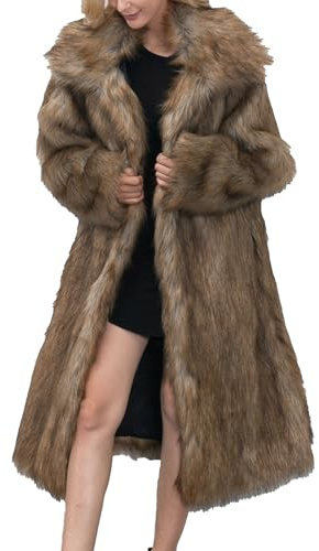 Qolkmuiy-GJ Manteau long d'hiver en fausse fourrure à poils longs ouvert sur le devant avec poche chaude et revers épais pour femme, marron, M
