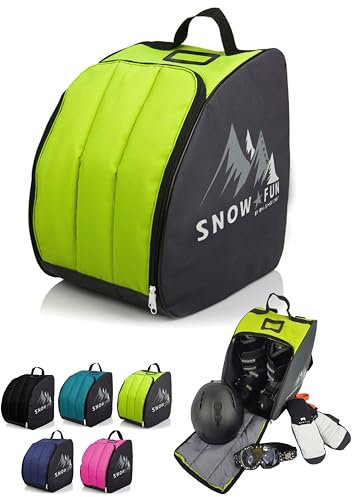 BAMBINIWELT Kinder Skistiefeltasche - Ski-Schuh-Tasche Rucksack m. integrierter Standfläche - Skischuhrucksack aus robustem Cordura - Platz für Boots, Helm, Skibrille & Handschuhe (schwarz/hellgrün)
