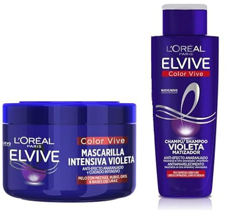 Pack L'oreal Elvive Champú 200 Ml Purple+ L'Oreal Paris Elvive Color Vive Mascarilla Intensiva Violeta Matizadora, Para Pelo con Bases Oscuras, Mechas o Decolorado, 250 ml