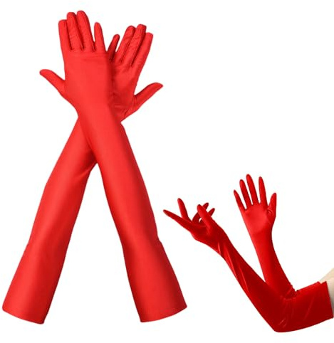 Handschuhe Lang, Handschuhe Elegant Damen, Satin Classic Abendhandschuhe, Elegant Satin Abendhandschuh im 1920er für Classic Opera Party, Weihnachten, HalloweenKarneval Kostüm, Abendessen Shows (Rot)