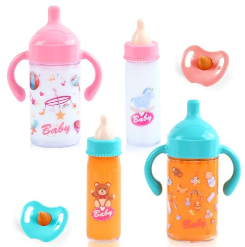 DIELIANHUA Puppenzubehör, 4 Stück Magische Flasche mit 2 Stück Puppenschnuller, Magie Puppenzubehör, Puppenflasche mit Milch, Puppe Zubehör, Geschenk für Kinder ab 3 Jahre