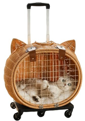 Besreey Carrito para gatos, carrito de ratán, caja para gatos, con ruedas, transpirable, con asa telescópica, para camping, compras, pícnic, al aire libre, , conejos, animales