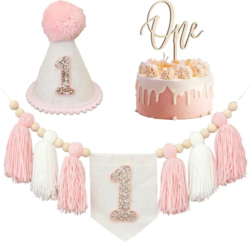 1st Birthdays Decorations Boy - First Birthday High Chair Banner Set with Crown Hat Cake Topper, 1st birthday highchair banner birth day boy birthdays Highchair Garland decorations (One Pink)