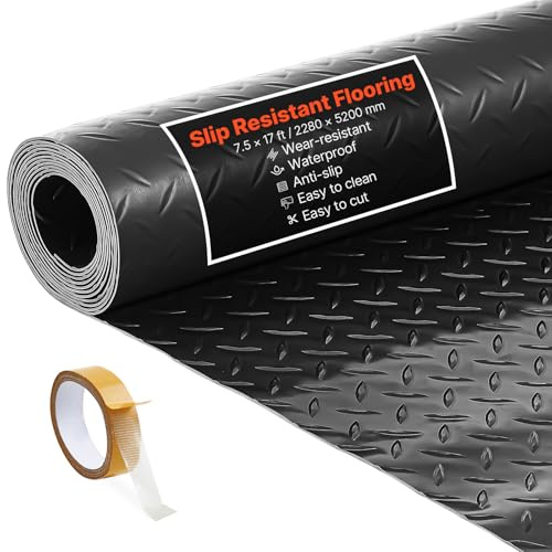 VEVOR Garage Floor Roll, 7.5 x 17 ft Garage Flooring Mat, 2.2 mm Thickened PVC Diamond Plate Floor Protector Mat with Double-Sided Tape, Non-Slip, Easy to Clean for Warehouse, Gyms, Trailer, Black