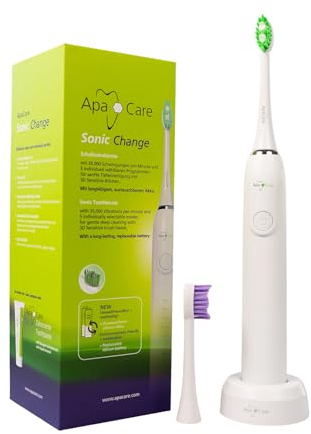 ApaCare Sonic Change Schallzahnbürste - elektrische Zahnbürste mit 35.000 Schwingungen/Min., 5 Programmen und austauschbarem Akku, inkl. 2 3D Sensitive Bürstenköpfen