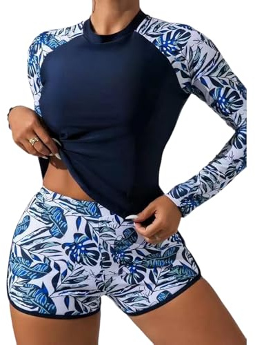HOOLRZI Traje de baño de manga larga para mujer y niña, traje de baño tankini de dos piezas con estampado floral y pantalones cortos para mujer, traje de baño tankini con pantalones cortos