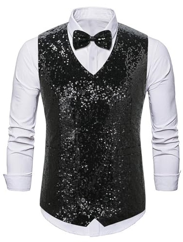 Generisch Tenue à paillettes des années 80 pour homme, sans manches, blazer à paillettes, avec 1 gilet et 1 nœud papillon, gilet de travail profond pour vestes de costume, gilet traditionnel, costume