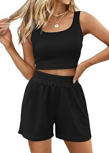 Yutdeng Ensemble 2 Pièces Femme Été Tricot Côtelé Débardeur Crop Top sans Manches et Short avec Poches Tenue Décontracté Survêtements de Sport Sportswear Ensemble Gym Yoga Fitness Outfit,Noir,M