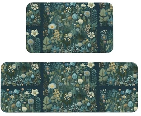 Wildflower Art Print Kitchen Rugs Set of 2, Cushioned Anti-Fatigue Kitchen Mats for Floor, Waterproof Comfort Standing Mat Absorbent Velvet Kitchen Runner Rugs 17x30+17x47
