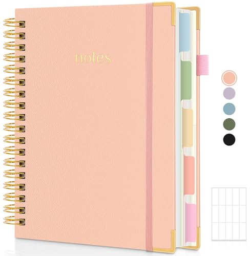 SKYDUE A5-anteckningsblock med flikar, 300 sidor, 25,8 x 20,5 cm, anteckningsbok A5-linjerad för arbetsplatsen, med register och väska, 5-tema anteckningsblock etiketter (rosa)