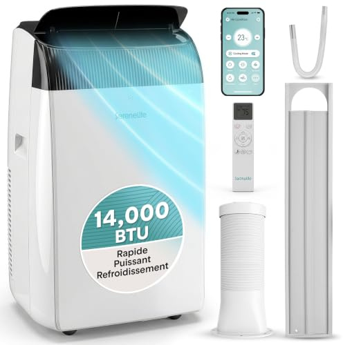SereneLife Aire Acondicionado Móvil 14000 BTU WiFi - Aire Acondicionado Portátil con Descarga, Refrigeración Deshumidificador Ventilador, Modo Noche, Kit Ventana