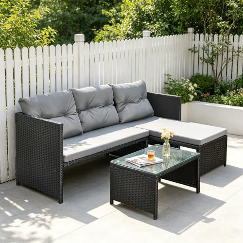 Yaangagpe 4-Seater L-Shaped Rattan Garden Corner Sofa Set & Table, Black