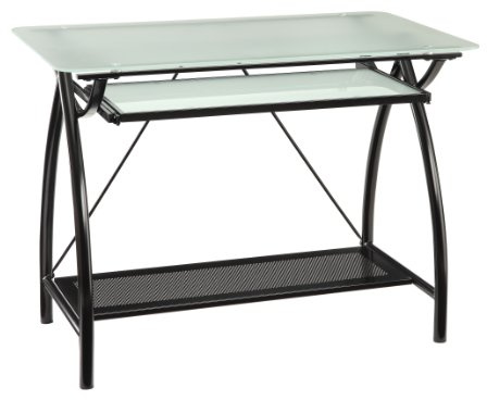 OSP Designs OSP Designs Newport Computer Desk with Frosted Tempered Glass Top, Pullout Keyboard Tray, and Black Powder Coated Steel Frame