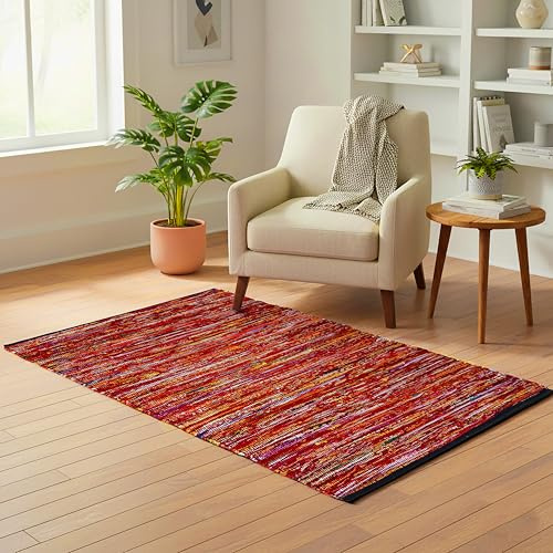 Ramanta Home Cotton Chindi Hand Woven Rug - 3x5 ft Multi Color, Reversible Area Rugs for Living Room, Kitchen, Bedroom, Biodegradable Bohemian Throw Carpet for Hpme & Office Patio - 36x60 Inches