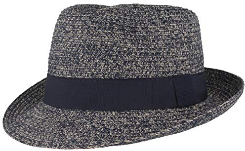 Breiter Trilby stråhatt, sommarhatt, solhatt, 100 % papper, hopvikbar, färgad ripsb-dekor, hudvänlig och bekväm, Blåmelerad, L
