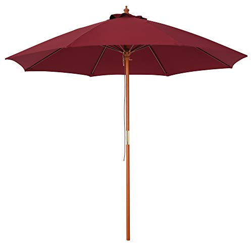 Outsunny Parasol de jardin Ø2,6 x 2,5 m avec toit coupe-vent en polyester rouge et poteau en bois