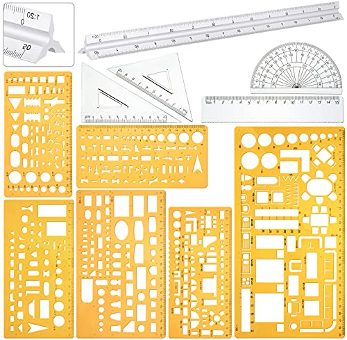 Zonon 10 Pcs Plastic Drawing Template Ruler Geometric Drawing 12 Inch Triangular Aluminum Architect Scale Measuring Templates Building Geometric Kit Plastic Ruler for Drafting(Stylish,Yellow)