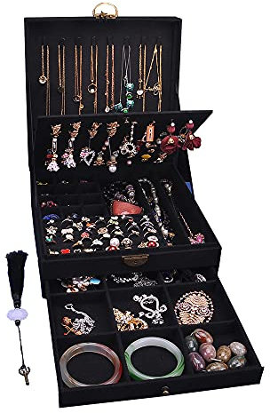 GYJOYERO Schmuckkästen für Damen 3 Schichten großer Schmuck-Organizer Aufbewahrungsbox für Ohrringe Halsketten Ringe Armbänder Schmuckhalter abschließbar Schmuckkästchen (Schwarz)