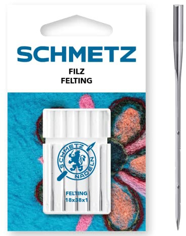 SCHMETZ | 5 Nähmaschinennadeln | Filz | 18x38x1 | Nadeldicke 100/16 | Spezialnadeln | Geeignet für dekorative Nadelfilzarbeiten | Auf bestimmten Filzmaschinen einsetzbar