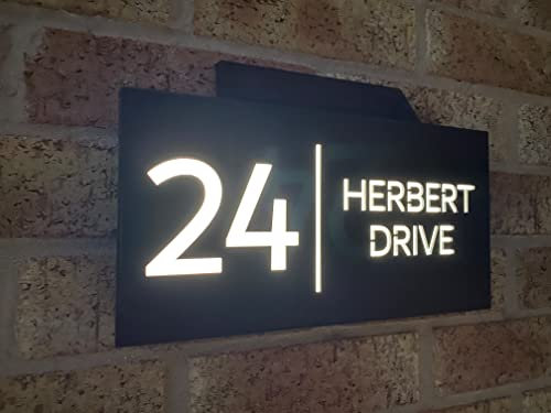 One of a Kind Design UK Personalised Contemporary Solar Light House Sign 305x155MM Personalised Address Number Plate Rectangular House Sign LED Illuminated UV Stable, Grey