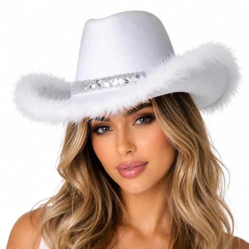 Wicked Costumes Adult White Sequin & Feather Cowboy Hat – Glam Western Cowgirl Fancy Dress Accessory for Festivals, Hen Parties & Concerts