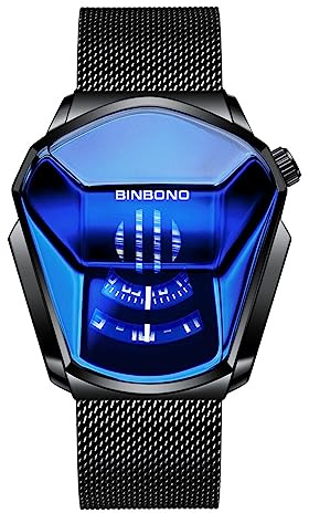FANMIS Montre numérique binaire à LED bleue pour homme en acier inoxydable argenté étanche rétro-éclairage LED, Z Noir Bleu, Numérique