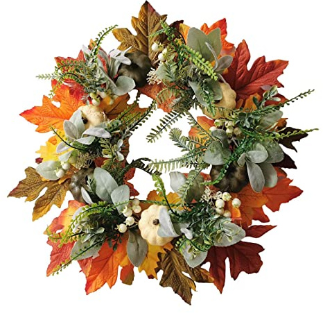 Amagogo Corona de Granja de Otoño, Corona de Otoño, Corona Colgante de Puerta de Cosecha de Otoño con Hojas de Arce de Calabazas para Bodas, Vacaciones, Inter, 40cm