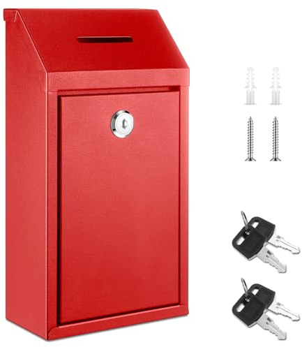 Yaocom Metal Money Donation Cash Box Collection Safe Suggestion Box with Lock Wall Mounted Mailbox Delivery Ballot Container for Home Office Outdoor Farmstand(Red,10.24 x 5.71 x 2.95 Inch)